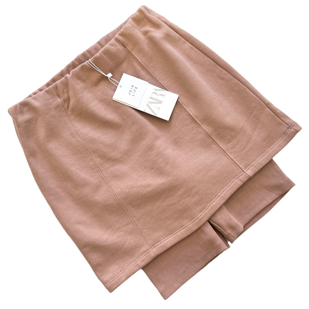 ZARA Cotton Skort Skirt With Attached Biker Shorts Brown Tan Mauve Sz M